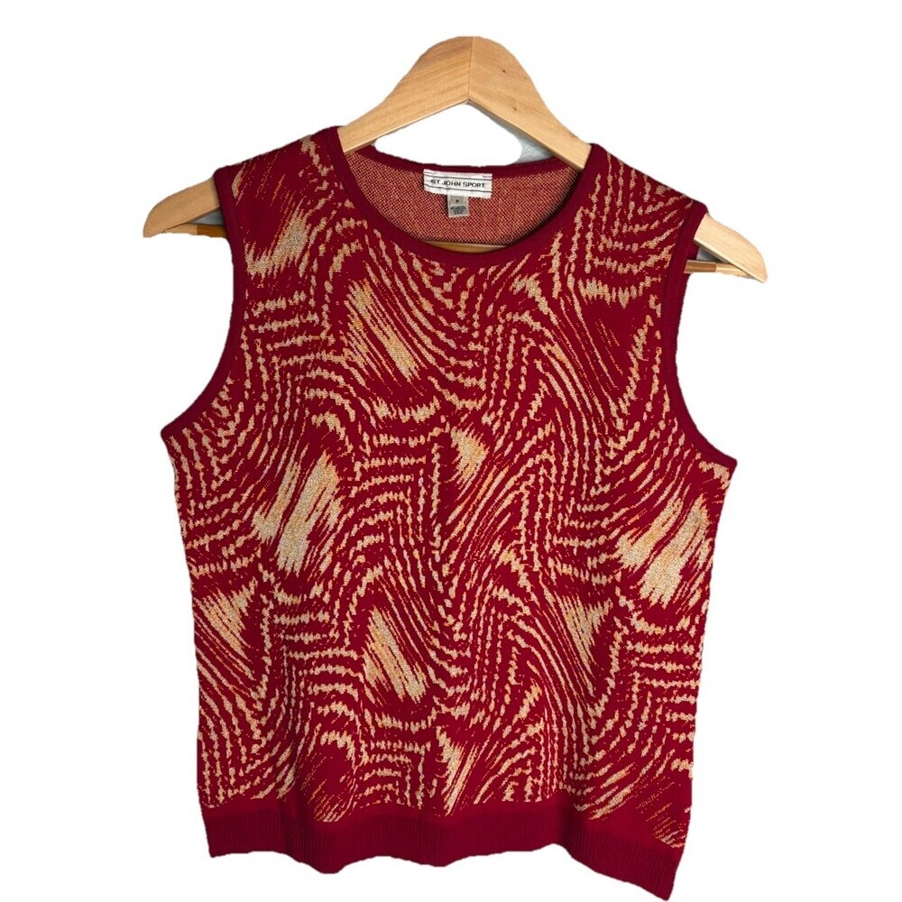 ST JOHN Sport/Evening Knit Red Gold Metallic Holiday Shell P (XS) EUC USA